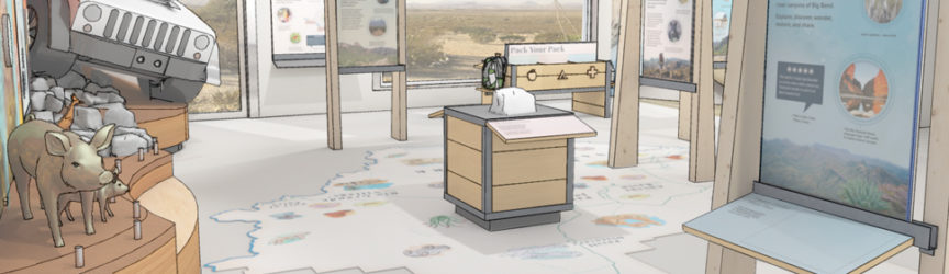 Sketch of exhibits, with a vignette with tactile javelinas and a jeep and graphic panels. There is a map on the floor.