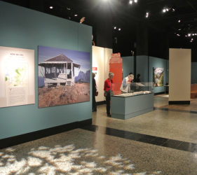 A photo of a fire lookout on the wall among other exhibits