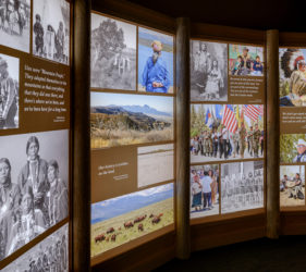 Backlit panels of historical and contemporary photographs