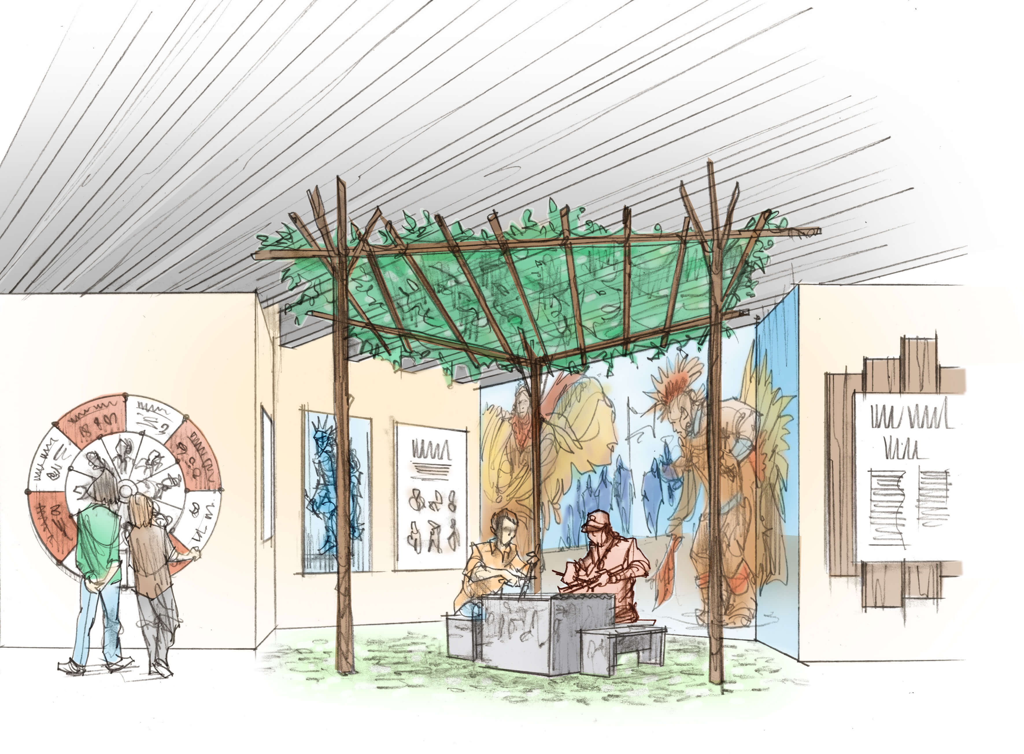 Sketch of visitors interacting with exhibits