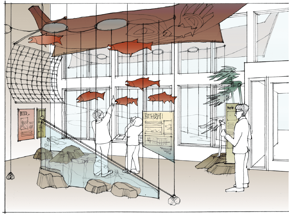 Sketch of visitor center lobby with modeled fish