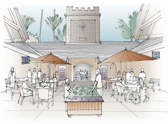 Sketch of visitors standing around tables in courtyard under two umbrellas